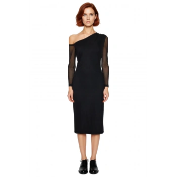 Kadın Asimetrik Yaka Siyah Midi Boy Örme Bodycon Elbise Astarlı Düz Desen Uzun Tül Kol Kış Geceleri