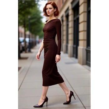 Kadın Asimetrik Yaka Tek Uzun Kollu Bodycon Midi Aksesuar Detaylı Örme Kokteyl Elbisesi Glam