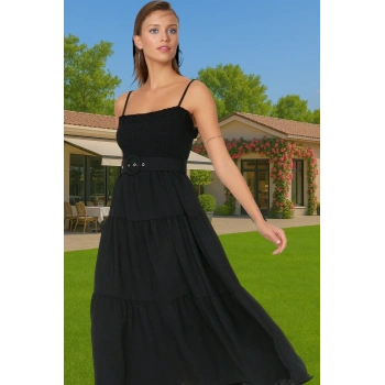 Kadın Askılı Bel Kemerli Midi Polyester Dokuma Elbise Rahat Günlük Stil Rahat Ve Şık Mükemmel Uyum