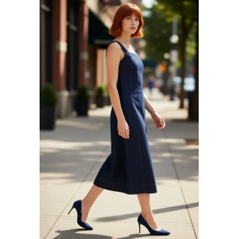 Kadın Askılı Kare Yaka Bodycon Kesim Midi Denim Elbise İlkbahar Sonbahar Günlük Şıklık Kaliteli