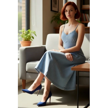 Kadın Askılı V Yaka %100 Pamuk Denim Elbise Midi Boy Düz Eteği Fırfırlı Casual Yaz Şıklığı