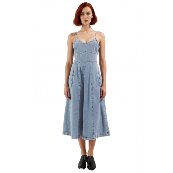 Kadın Askılı V Yaka %100 Pamuk Denim Elbise Midi Boy Düz Eteği Fırfırlı Casual Yaz Şıklığı