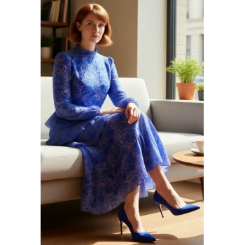 Kadın Astarlı Uzun Kollu Bisiklet Yaka Çiçek Desenli Maxi Eteği Fırfırlı Şifon Elbise Kaliteli