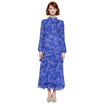 Kadın Astarlı Uzun Kollu Bisiklet Yaka Çiçek Desenli Maxi Eteği Fırfırlı Şifon Elbise Kaliteli