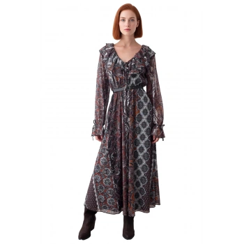 Kadın Astarlı V Yaka Balon Kol Şal Desenli Maxi Elbise Skater Kalıbı İle Göz Kamaştırır. Kaliteli