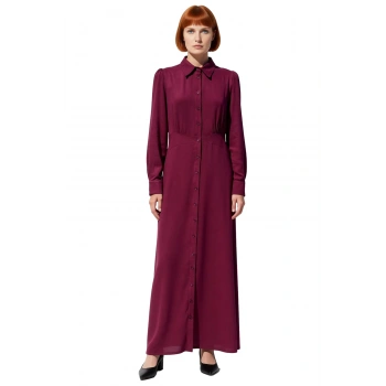 Kadın Astarsız Dokuma Maxi Boy Gömlek Yaka Uzun Kollu Skater Kalıp Düz Elbise Kışlık Şıklık