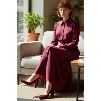 Kadın Astarsız Dokuma Maxi Boy Gömlek Yaka Uzun Kollu Skater Kalıp Düz Elbise Kışlık Şıklık