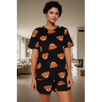 Kadın Ayıcıklı Pamuklu Kısa Kollu Pijama Takımı Dayanıklı Malzeme Trend Tasarım