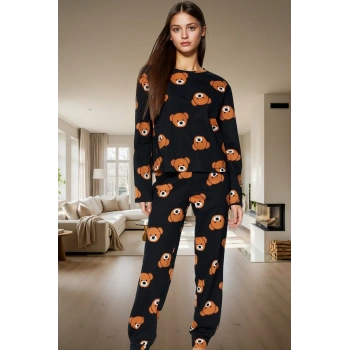 Kadın Ayıcıklı Pijama Takımı %100 Pamuk Boru Paça Uzun Kollu Rahat Uyku Özel Tasarım Ömürlü