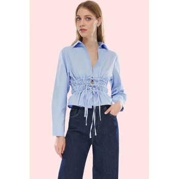 Kadın Bağcıklı Bel Detaylı Gömlek Uzun Kollu Rahat Günlük Hafta Sonu Yaz Aylarının Vazgeçilmezi