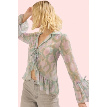 Kadın Bağlamalı Çok Şifon Gömlek V Yaka Uzun Kollu Çiçekli Desen İlkbahar Sonbahar Günlük Kullanım