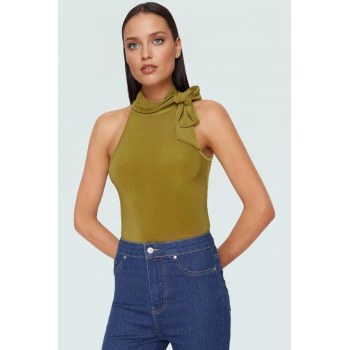 Kadın Bağlamalı Dik Yaka Kolsuz Örme Bluz Yüksek Kalite Uzun Ömürlü Trend Tasarım