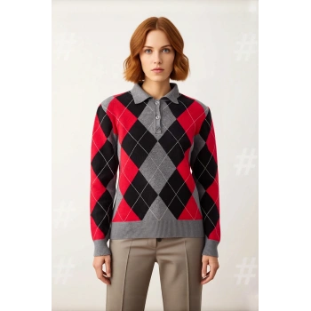 Kadın Baklava Desenli Polo Yaka Regular Kalıp Triko Kazak Kışlık Şıklığın Rahat ve Modern Seçimi