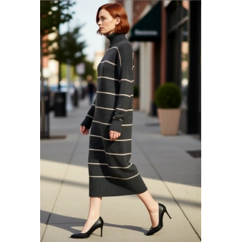 Kadın Balıkçı Yaka Çizgili Shift Kalıp Uzun Kollu Triko Elbise Kış Aylarının Vazgeçilmezi Kaliteli