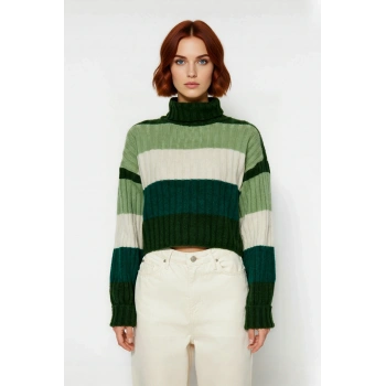 Kadın Balıkçı Yaka Renk Bloklu Super Crop Düşük Kol Fitilli Triko Kazak Soğuk Havalar İçin İdeal