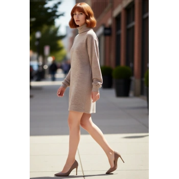 Kadın Balıkçı Yaka Shift Kalıp Akrilik Triko Kazak Elbise Uzun Kollu Kışlık Rahat Şık Tasarım