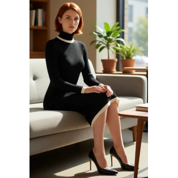 Kadın Balıkçı Yaka Siyah Midi Triko Elbise Renk Bloklu Detaylarla Şık Ve Modern Kış Stili Kaliteli