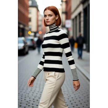 Kadın Balıkçı Yaka Triko Kazak Uzun Kollu Regular Kalıp Çizgili Basic Kış Kombinleri İçin İdeal