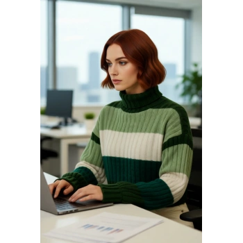 Kadın Balıkçı Yaka Uzun Kollu Renk Bloklu Super Crop Basic Fitilli Triko Kazak Günlük Şıklığınız