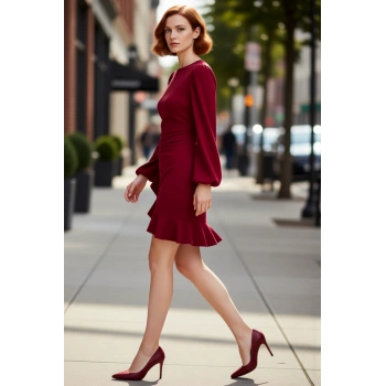 Kadın Balon Kol Bodycon Kısa Elbise Volanlı Dokuma Kış Sezonu Şık Gece Kombinleriniz İçin Kaliteli