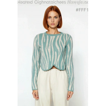 Kadın Basic Akrilik Regular Kalıp Crop Uzun Kollu Bisiklet Yaka Zebra Desenli Triko Kazak Kaliteli