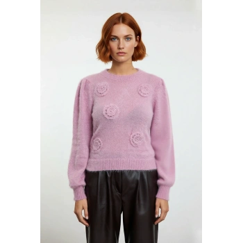 Kadın Basic Bisiklet Yaka Uzun Kollu Nakışlı Pembe Triko Kazak Kış Sezonu İçin Şık Ve Rahat Bir