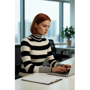 Kadın Basic Çizgili Balıkçı Yaka Triko Kazak Uzun Kollu Regular Kalıp Kış Aylarının Vazgeçilmezi