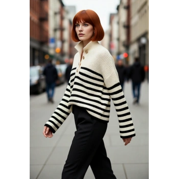 Kadın Basic Çizgili Oversize Dik Yaka Triko Kazak Uzun Kollu Crop Rahat Sonbahar Kış Kaliteli