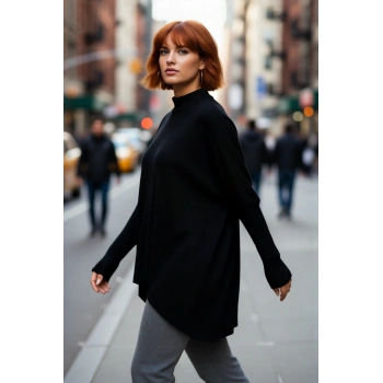 Kadın Basic Dik Yaka Triko Kazak Relaxed Fit Rahatlık ve Günlük Şıklık Sunan Siyah Kaliteli