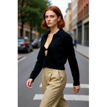 Kadın Basic Düz Crop Triko Kazak Polo Yaka Uzun Kollu Regular Kalıp İlkbahar Sonbahar Kaliteli