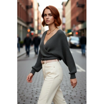 Kadın Basic Düz Desen Yarasa Kol Uzun Kollu Orta Kalınlık Akrilik Süper Crop Triko Kazak Kaliteli