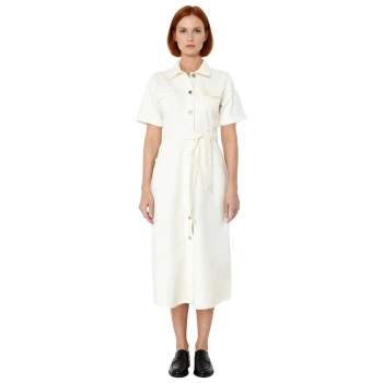 Kadın Basic Ekru Kısa Kollu Rigid Dokuma Kemerli %100 Pamuk Denim Maxi Elbise Kaliteli Şık
