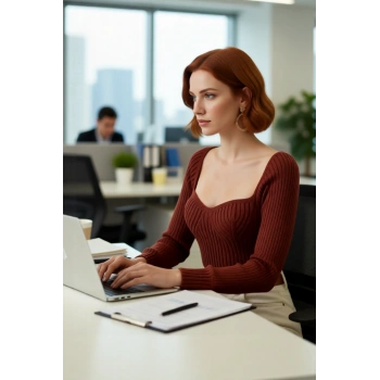 Kadın Basic Fitilli Crop Kahverengi Uzun Kol Kalp Yaka Akrilik Triko Kazak Rahat Gündüz Kombin