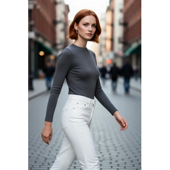 Kadın Basic Fitted Bisiklet Yaka Uzun Kollu Triko Kazak İlkbahar Sonbahar Günlük Stilin Anahtarı