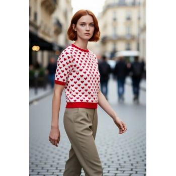 Kadın Basic Kısa Kollu Bisiklet Yaka Kalp Desenli Triko Bluz İlkbahar Sonbahar Stili Kaliteli