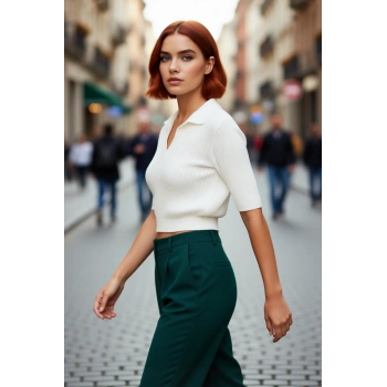 Kadın Basic Koleksiyon Akrilik Materyal Düz Desen Polo Yaka Kısa Kol Rahat Crop Bluz Günlük