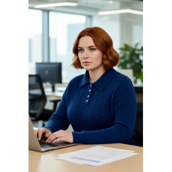 Kadın Basic Mavi Polo Yaka Saç Örgü Detaylı Kalın Triko Kazak Soğuk Havalarda Sıcak Tutar Kaliteli