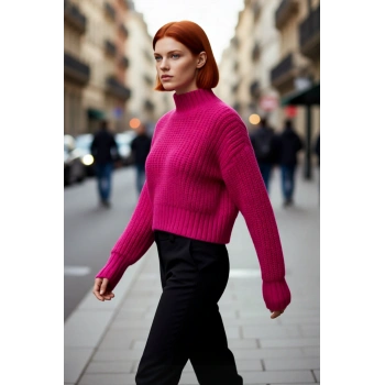 Kadın Basic Oversize Crop Dik Yaka Soğuk Havalar İçin Uzun Kol Kalın Triko Kazak Kaliteli Şık