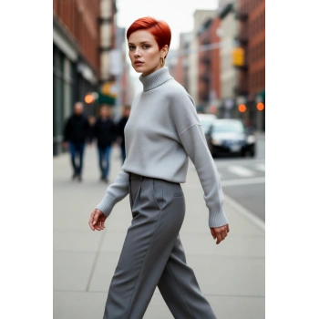 Kadın Basic Oversize Dik Yaka Triko Kazak Düşük Kol Uzun Boy Kışlık Günlük Şıklık Sunar Kaliteli