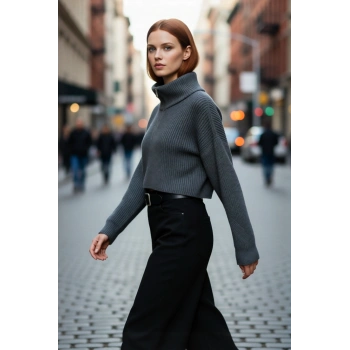 Kadın Basic Oversize Düşük Uzun Kollu Crop Fermuarlı Dik Yaka Triko Kazak Kışlık Rahat Stiller