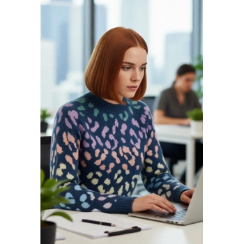 Kadın Basic Oversize Kalıp Bisiklet Yaka Triko Kazak Animal Desenli Uzun Kollu Kış Günleri İçin