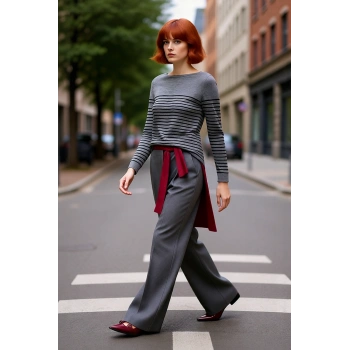 Kadın Basic Regular Kalıp Uzun Kollu Çizgili Bisiklet Yaka Gri Triko Kazak Modeli Kaliteli