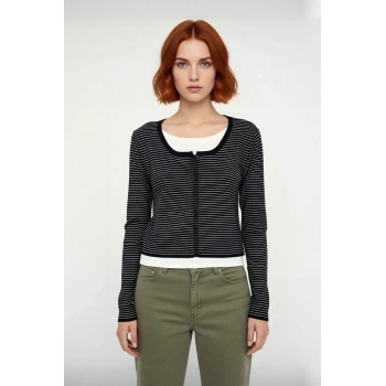 Kadın Basic Regular Kesim Çizgili Triko Crop Hırka İlkbahar Sonbahar Günlük Şıklığı Kaliteli