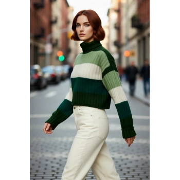 Kadın Basic Renk Bloklu Uzun Kol Balıkçı Yaka Super Crop Fitilli Triko Kazak Kış Modasına Uyumlu