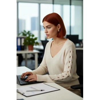 Kadın Basic Siluet Ajurlu Uzun Kollu V Yaka Triko Kazak Casual Ve Fashion Forward Görünümler Sunar.