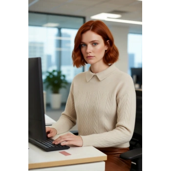 Kadın Basic Siluet Regular Boy Akrilik Saç Örgü Desenli Polo Yaka Uzun Düşük Kol Triko Kazak