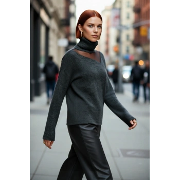 Kadın Basic Siluet Triko Kazak Düşük Kol Choker Yaka Tül Detaylı Kış Stiline Modern Dokunuş