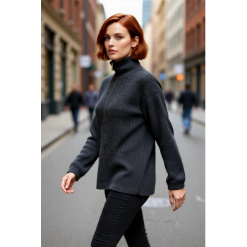 Kadın Basic Siluet Uzun Boy Düz Desen Rahat Kesim Kalın Triko Kazak Kış Kombinleri İçin Kaliteli