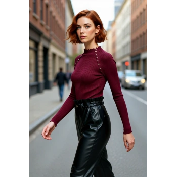 Kadın Basic Siluet Uzun Kol Triko Kazak Modern Dik Yaka Aksesuar Detaylı Gündüz Gece Kaliteli