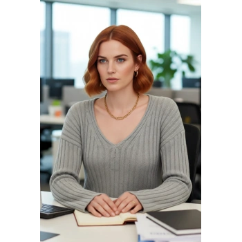 Kadın Basic V Yaka Geniş Kalıp Uzun Kollu Yünlü Triko Kazak Fitilli Dokusuyla Gün Boyu Konfor Sunar